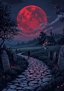 Night Cemetery Path Under Red Moon
