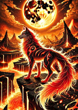 Fiery Wolf on Volcanic Landscape