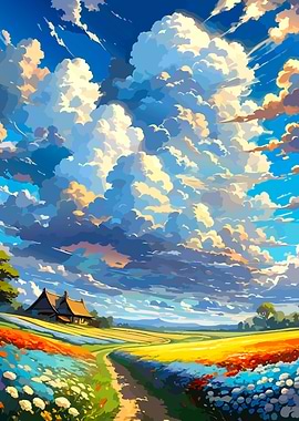 Vibrant Field and Sky Landscape Painting
