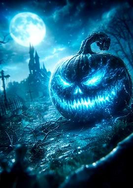 Eerie Blue Halloween Pumpkin in Cemetery
