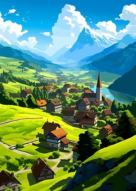 Scenic Mountain Village Landscape Illustration
