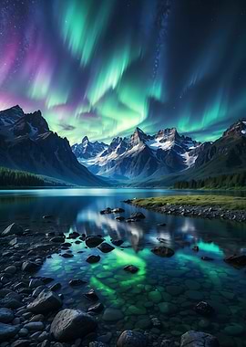 Aurora Borealis over Mountain Lake