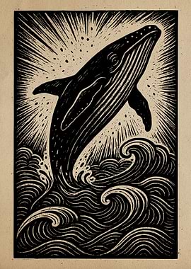 Whale breaching woodcut style