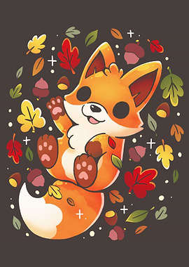 Cute Fox with Autumn Leaves and Acorns