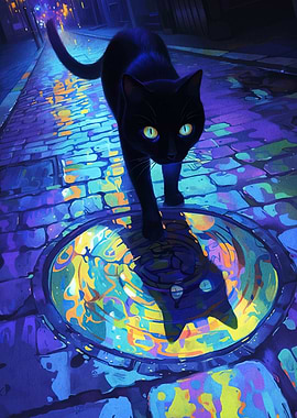 Black Cat on a Colorful Street