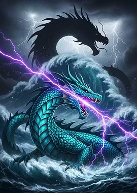 Dragon in Stormy Seas with Lightning