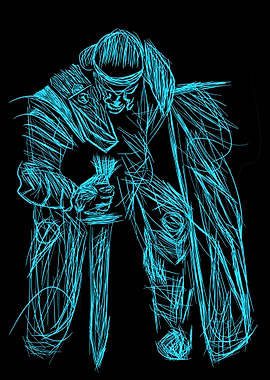 Cyan Warrior Sketch on Black Background