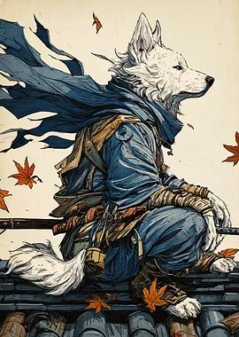 Wolf Samurai on Rooftop with Falling Leaves