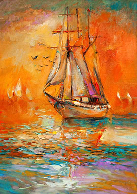Sailboat Painting on Orange Sea