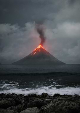 Erupting Volcano in Ocean Landscape