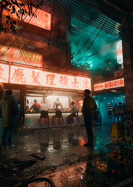 Ramen - Cyberpunk street food stall at night