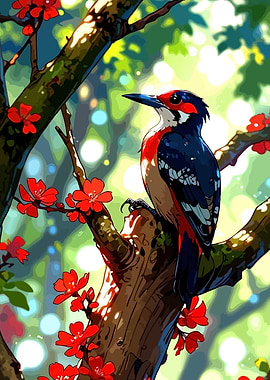 Woodpecker in Blossoming Tree Digital Art