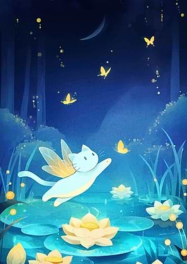 Fairy Cat in a Magical Pond