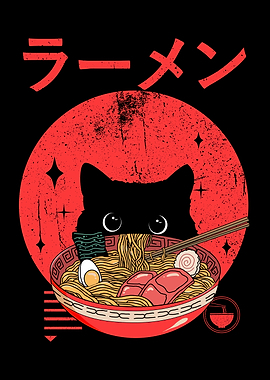 Cute Black Cat Eating Ramen Bowl