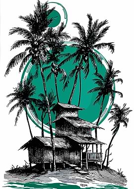 Tropical Island Hut with Palm Trees