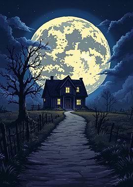 Pixel Art Haunted House Under Moonlight
