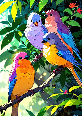 Colorful Birds on Branch Illustration