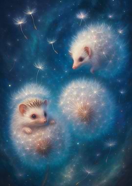 Hedgehogs in Dandelions, Dreamy Scene