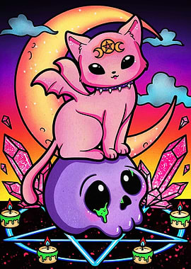 Witchy Cat on Skull Illustration