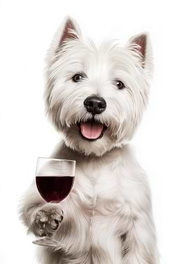 Westie dog holding a glass of wine