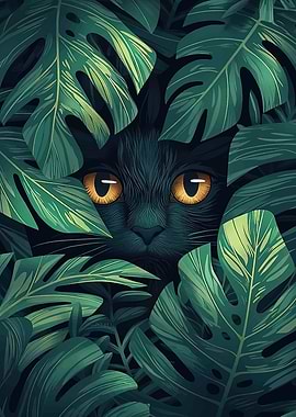 Black Cat in Tropical Leaves