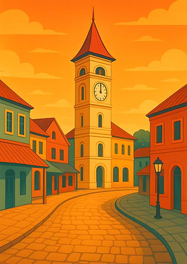 Cartoon Town Square with Clock Tower