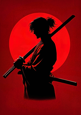 Samurai Silhouette with Katana and Red Sun