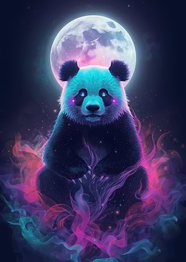 Mystical Panda with Moon and Smoke