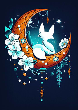 Fox on Moon with Flowers