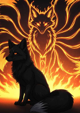 Black Fox with Fiery Nine-Tailed Spirit
