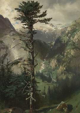 Mountain Landscape Painting with Tall Tree