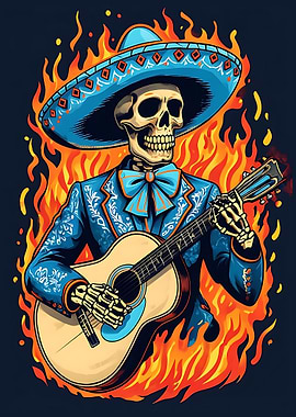 Flaming Mariachi Skeleton Guitarist