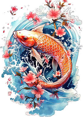 Koi Fish with Cherry Blossoms Watercolor