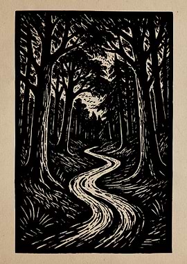 Forest Path Woodcut Illustration