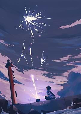 Fireworks at Dusk with a Figure