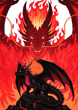 Two Dragons in Fiery Landscape