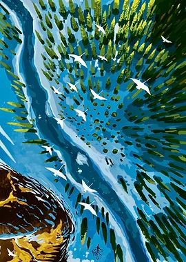 Birds Flying Over River and Forest