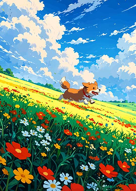 Dog Running in Flower Field