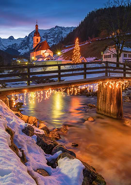 Winter Village Scene with Church and Lights
