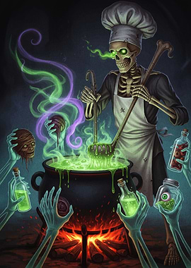 Skeleton Chef Brewing Potion in Cauldron