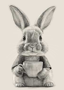 Rabbit with Coffee Cup Drawing