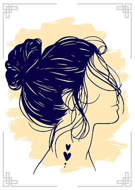 Woman's Profile with Bun and Hearts