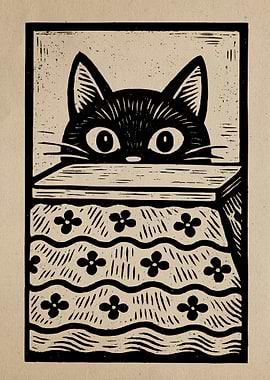 Cat in a Box Linocut Print