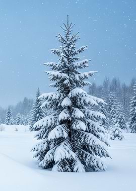 Snow-covered fir tree in winter landscape