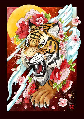 Tiger with Flowers and Japanese Art