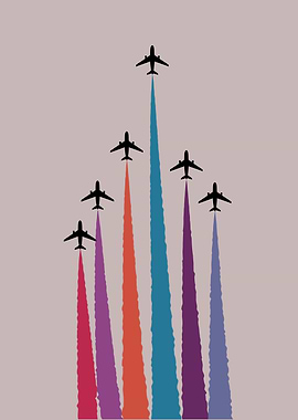 Planes with colorful contrails on beige