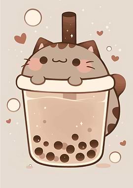 Cute Cat Boba Tea Illustration