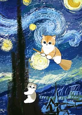 Cats in Starry Night Style