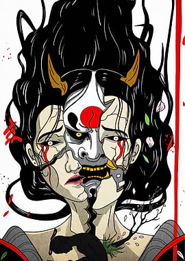 Japanese Mask and Woman Digital Art