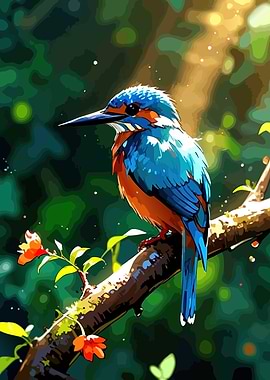 Vibrant Kingfisher on Branch Painting